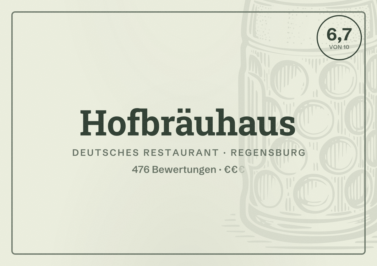 Illustriertes Poster von Hofbräuhaus, Deutsches Restaurant in Regensburg: Bewertung 6,7 von 10 aus 476 Bewertungen, Preisniveau €€