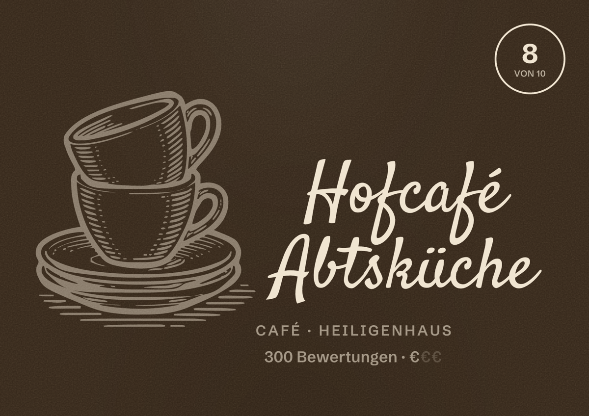 Illustriertes Poster von Hofcafé Abtsküche, Café in Heiligenhaus: Bewertung 8 von 10 aus 300 Bewertungen, Preisniveau €