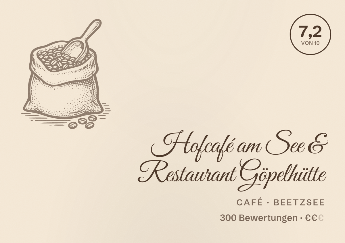 Illustriertes Poster von Hofcafé am See & Restaurant Göpelhütte, Café in Beetzsee: Bewertung 7,2 von 10 aus 300 Bewertungen, Preisniveau €€