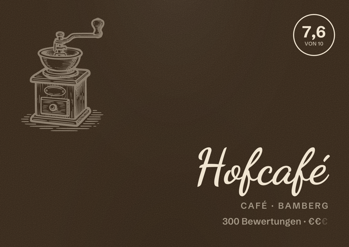 Illustriertes Poster von Hofcafé, Café in Bamberg: Bewertung 7,6 von 10 aus 300 Bewertungen, Preisniveau €€