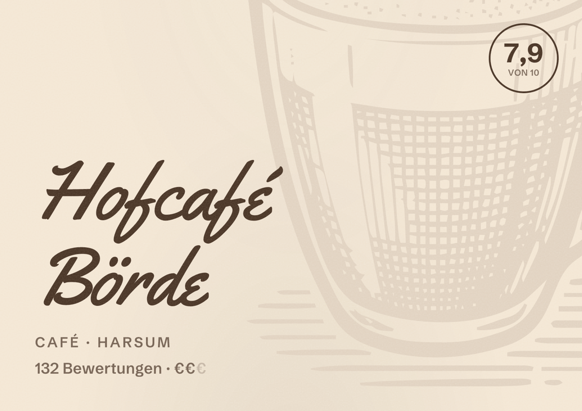 Illustriertes Poster von Hofcafé Börde, Café in Harsum: Bewertung 7,9 von 10 aus 132 Bewertungen, Preisniveau €€