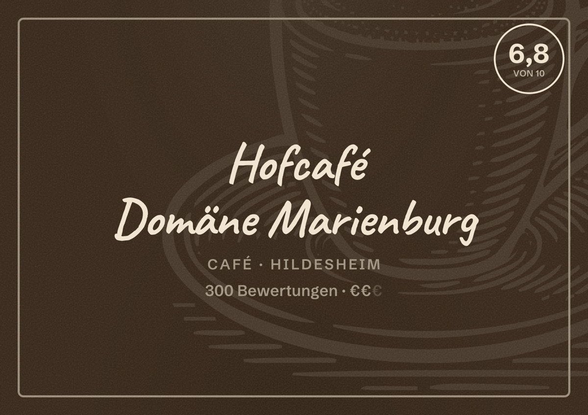 Illustriertes Poster von Hofcafé Domäne Marienburg, Café in Hildesheim: Bewertung 6,8 von 10 aus 300 Bewertungen, Preisniveau €€