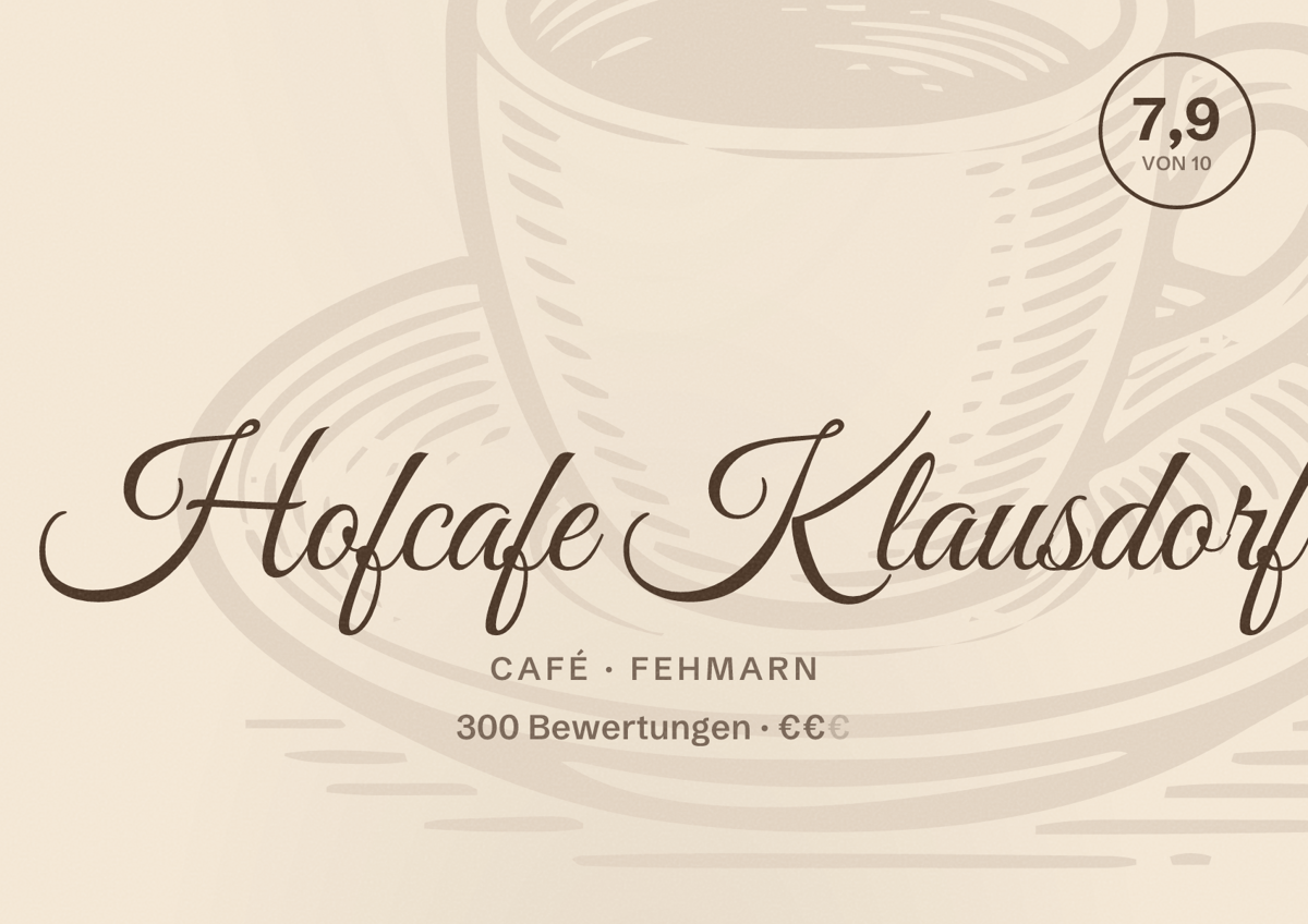 Illustriertes Poster von Hofcafe Klausdorf, Café in Fehmarn: Bewertung 7,9 von 10 aus 300 Bewertungen, Preisniveau €€