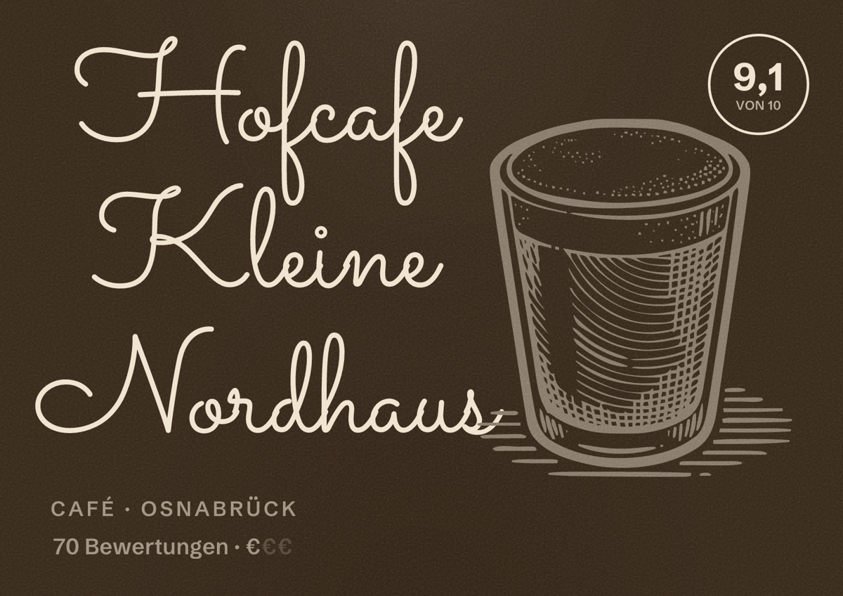 Illustriertes Poster von Hofcafe Kleine Nordhaus, Café in Osnabrück: Bewertung 9,1 von 10 aus 70 Bewertungen, Preisniveau €