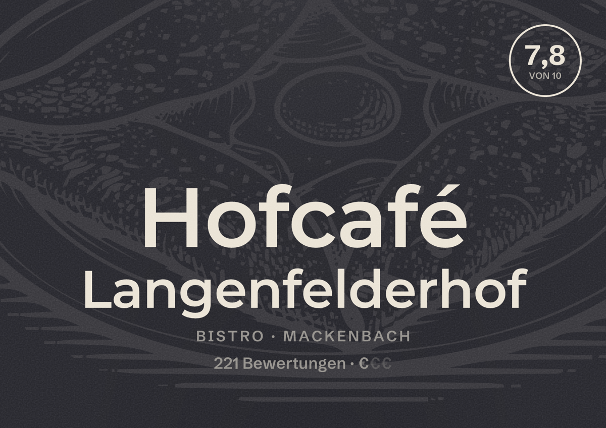 Illustriertes Poster von Hofcafé Langenfelderhof, Bistro in Mackenbach: Bewertung 7,8 von 10 aus 221 Bewertungen, Preisniveau €