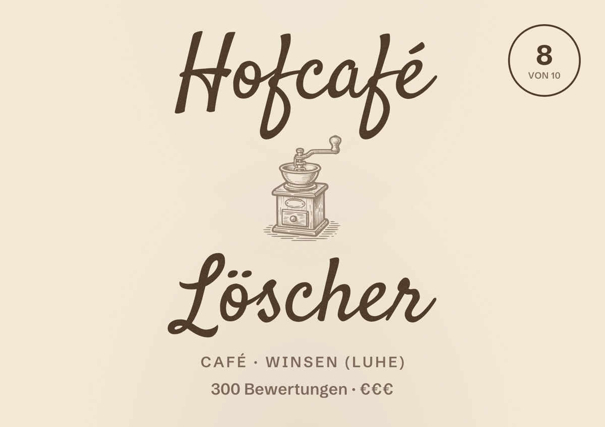 Illustriertes Poster von Hofcafé Löscher, Café in Winsen (Luhe): Bewertung 8 von 10 aus 300 Bewertungen, Preisniveau €€€