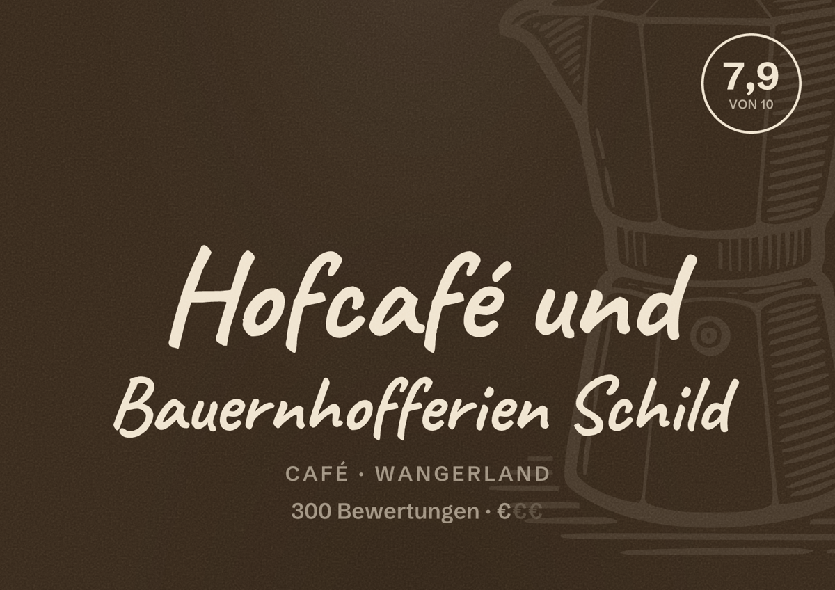 Illustriertes Poster von Hofcafé und Bauernhofferien Schild, Café in Wangerland: Bewertung 7,9 von 10 aus 300 Bewertungen, Preisniveau €