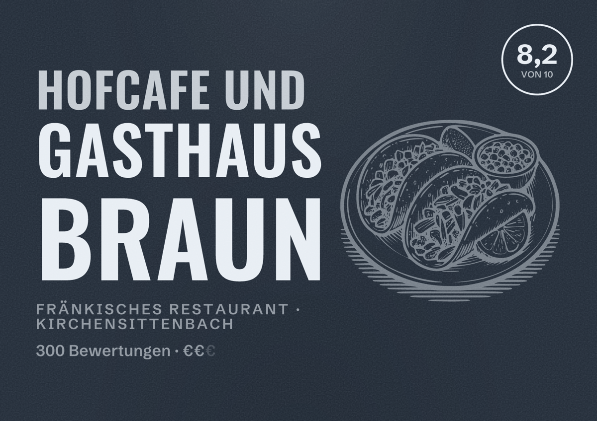 Illustriertes Poster von Hofcafe und Gasthaus Braun, Fränkisches Restaurant in Kirchensittenbach: Bewertung 8,2 von 10 aus 300 Bewertungen, Preisniveau €€