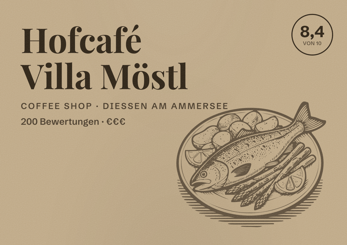 Illustriertes Poster von Hofcafé Villa Möstl, Coffee Shop in Dießen am Ammersee: Bewertung 8,4 von 10 aus 200 Bewertungen, Preisniveau €€€