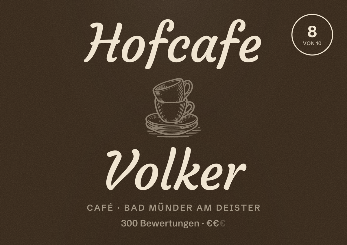 Illustriertes Poster von Hofcafe Volker, Café in Bad Münder am Deister: Bewertung 8 von 10 aus 300 Bewertungen, Preisniveau €€