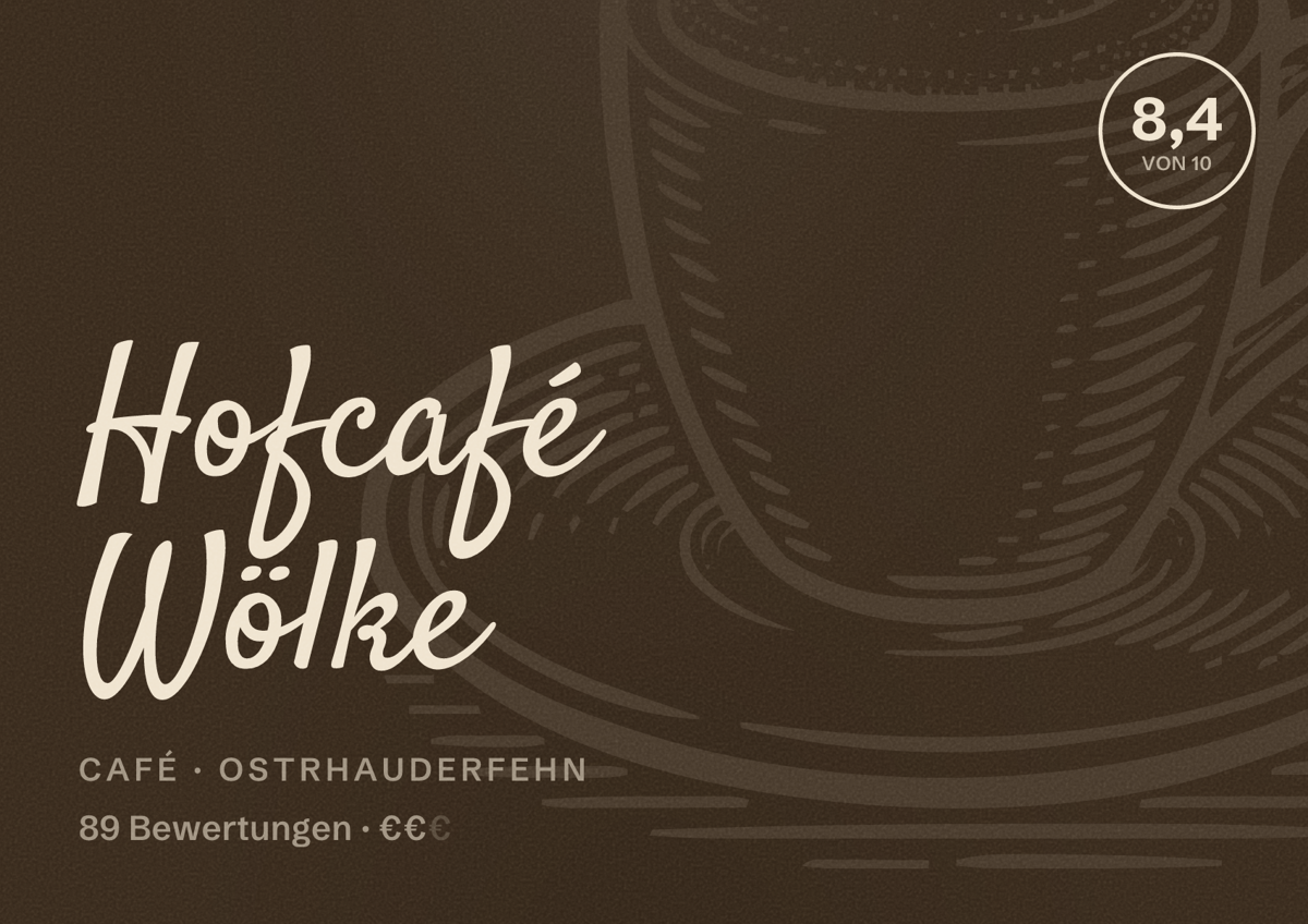 Illustriertes Poster von Hofcafé Wölke, Café in Ostrhauderfehn: Bewertung 8,4 von 10 aus 89 Bewertungen, Preisniveau €€