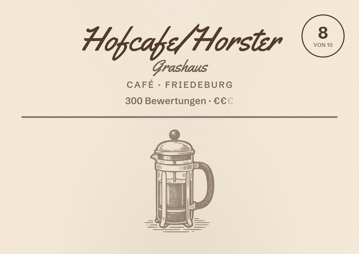 Illustriertes Poster von Hofcafe/Horster Grashaus, Café in Friedeburg: Bewertung 8 von 10 aus 300 Bewertungen, Preisniveau €€
