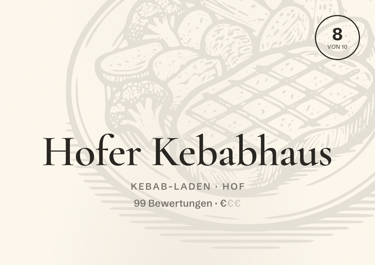 Illustriertes Poster von Hofer Kebabhaus, Kebab-Laden in Hof: Bewertung 8 von 10 aus 99 Bewertungen, Preisniveau €