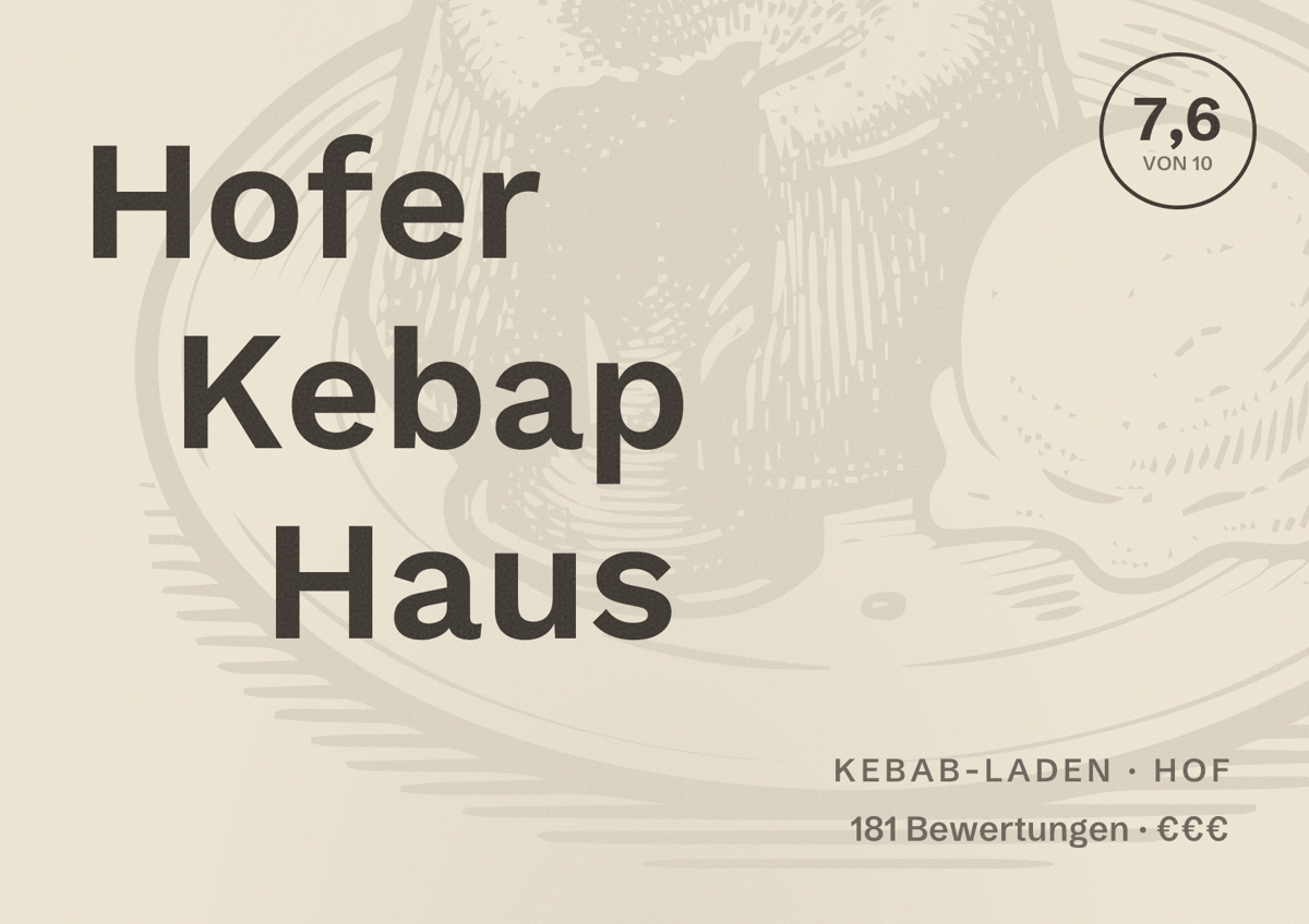 Illustriertes Poster von Hofer Kebap Haus, Kebab-Laden in Hof: Bewertung 7,6 von 10 aus 181 Bewertungen, Preisniveau €€€