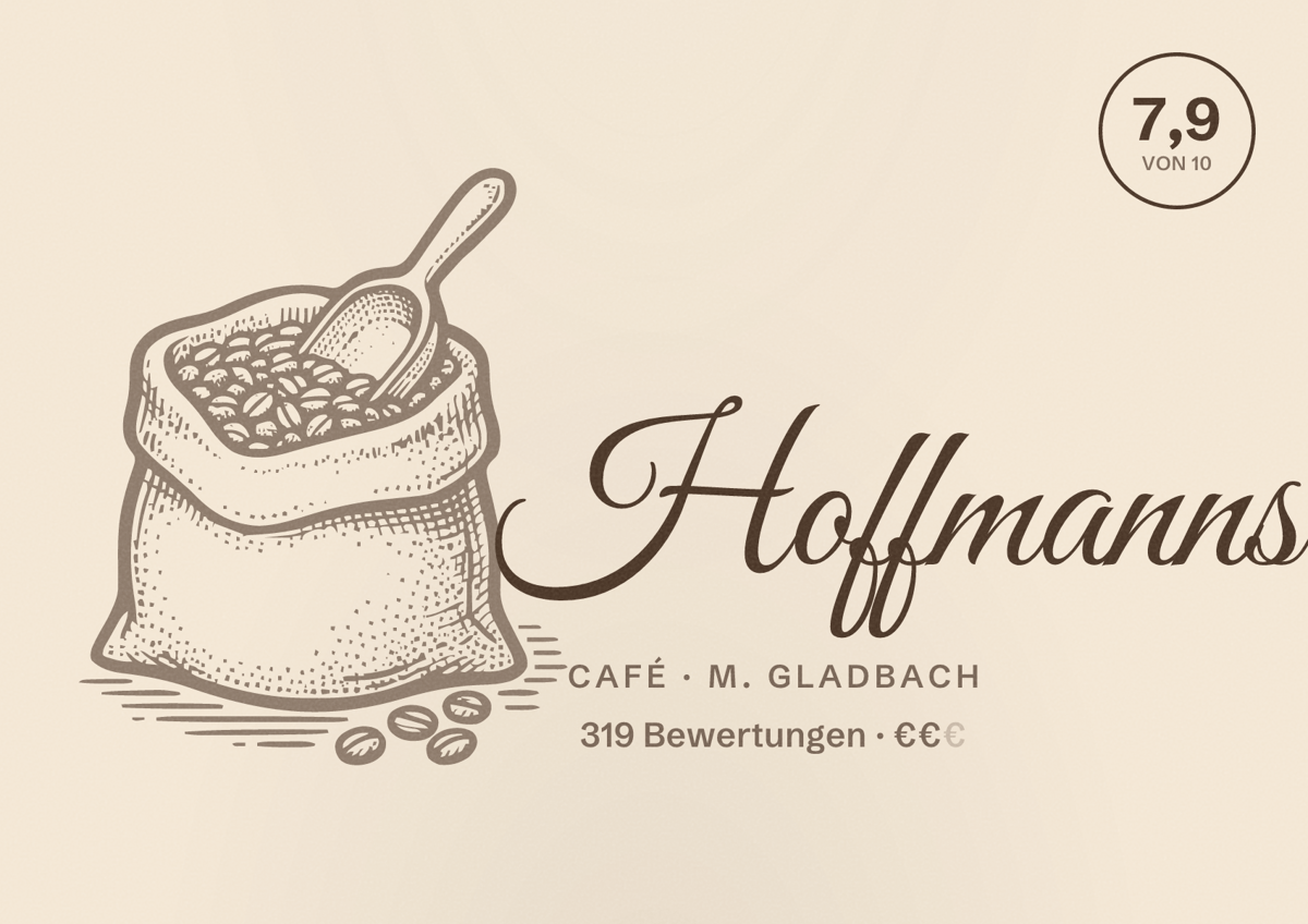 Illustriertes Poster von Hoffmanns, Café in M. Gladbach: Bewertung 7,9 von 10 aus 319 Bewertungen, Preisniveau €€