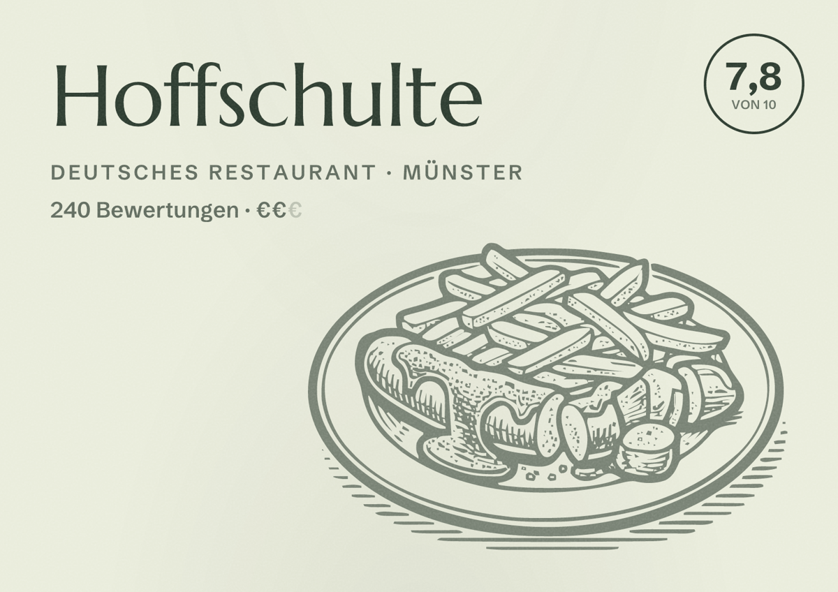 Illustriertes Poster von Hoffschulte, Deutsches Restaurant in Münster: Bewertung 7,8 von 10 aus 240 Bewertungen, Preisniveau €€