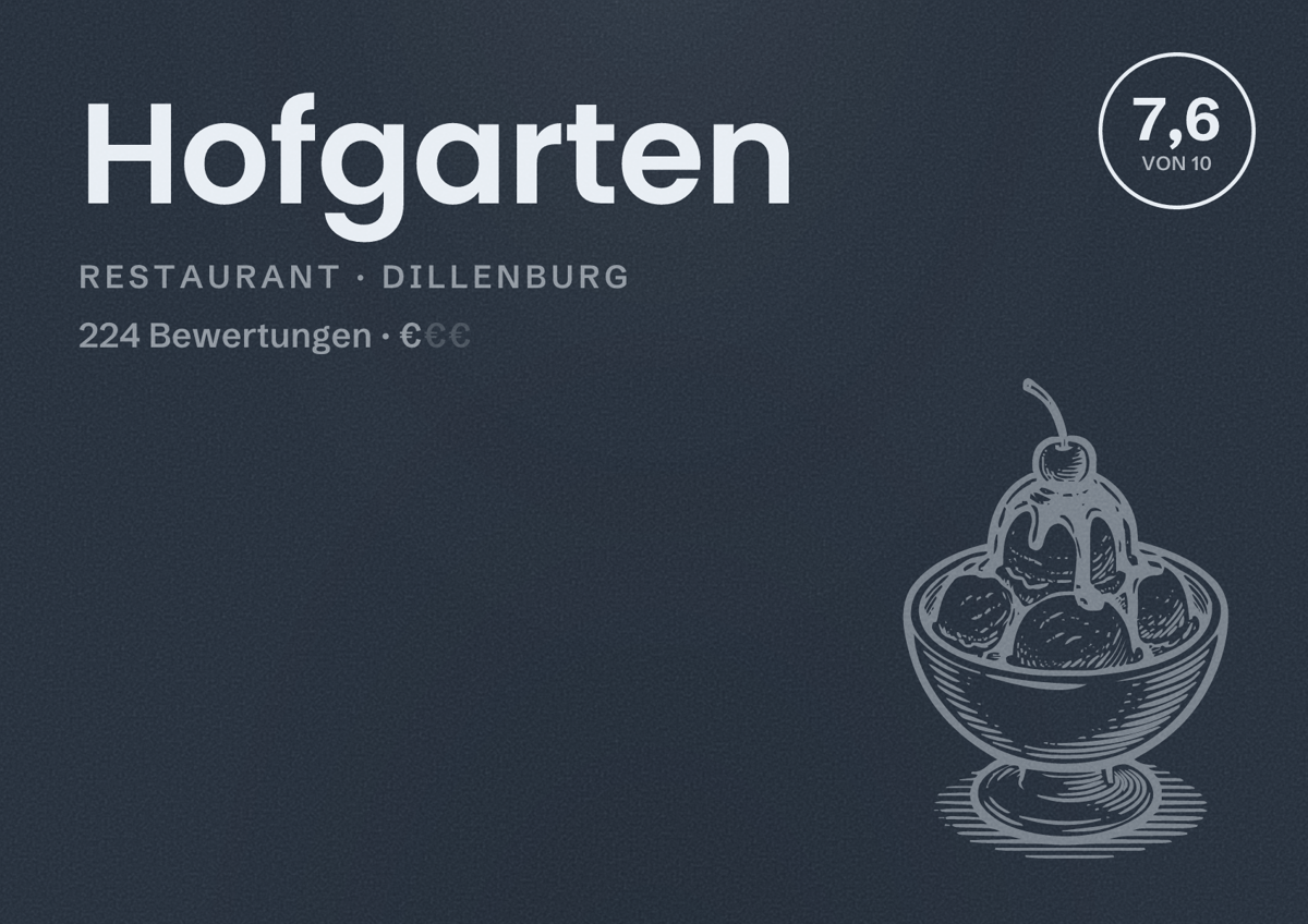 Illustriertes Poster von Hofgarten, Restaurant in Dillenburg: Bewertung 7,6 von 10 aus 224 Bewertungen, Preisniveau €