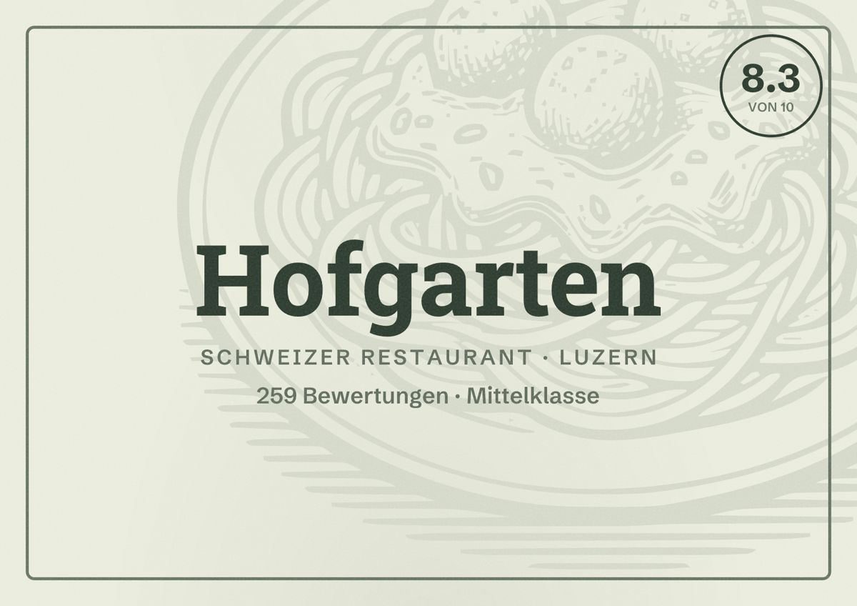 Illustriertes Poster von Hofgarten, Schweizer Restaurant in Luzern: Bewertung 8.3 von 10 aus 259 Bewertungen, Preisniveau Mittelklasse