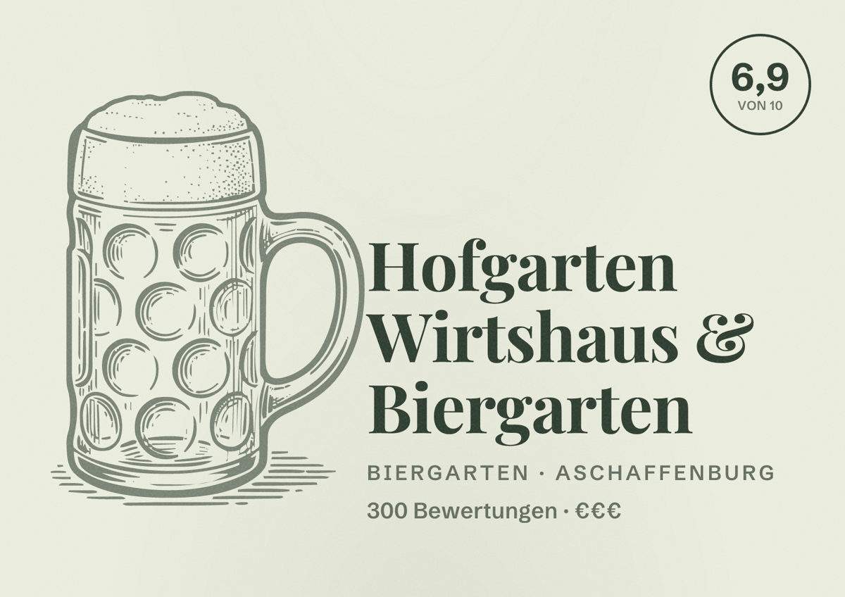 Illustriertes Poster von Hofgarten Wirtshaus & Biergarten, Biergarten in Aschaffenburg: Bewertung 6,9 von 10 aus 300 Bewertungen, Preisniveau €€€
