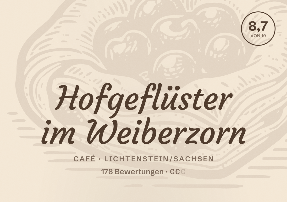 Illustriertes Poster von Hofgeflüster im Weiberzorn, Café in Lichtenstein/Sachsen: Bewertung 8,7 von 10 aus 178 Bewertungen, Preisniveau €€