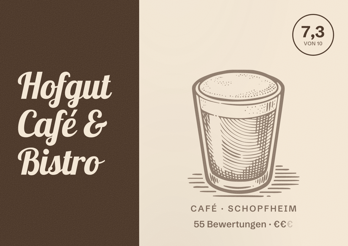 Illustriertes Poster von Hofgut Café & Bistro, Café in Schopfheim: Bewertung 7,3 von 10 aus 55 Bewertungen, Preisniveau €€