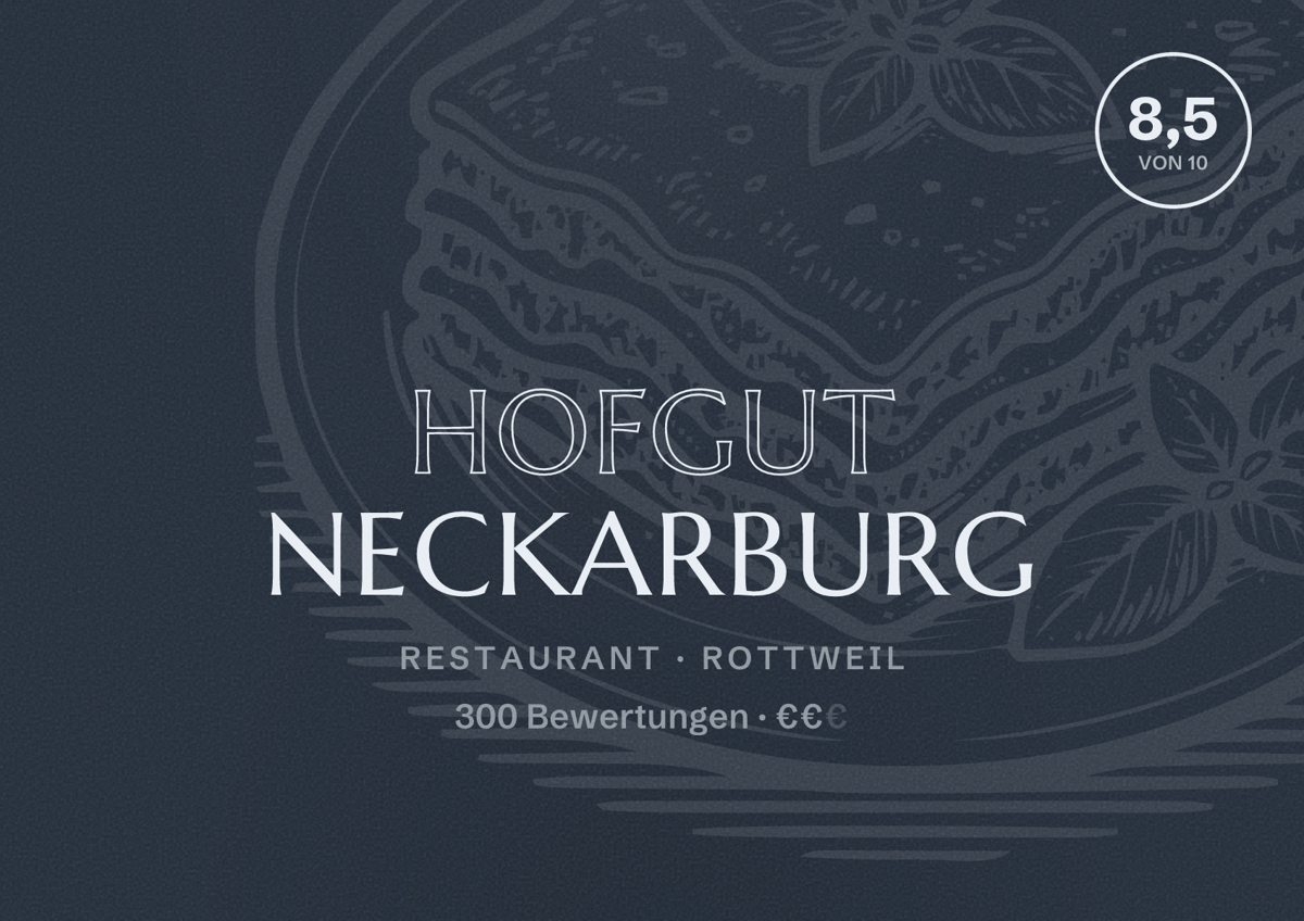 Illustriertes Poster von Hofgut Neckarburg, Restaurant in Rottweil: Bewertung 8,5 von 10 aus 300 Bewertungen, Preisniveau €€