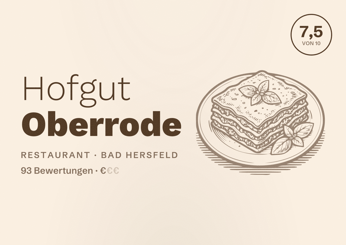 Illustriertes Poster von Hofgut Oberrode, Restaurant in Bad Hersfeld: Bewertung 7,5 von 10 aus 93 Bewertungen, Preisniveau €