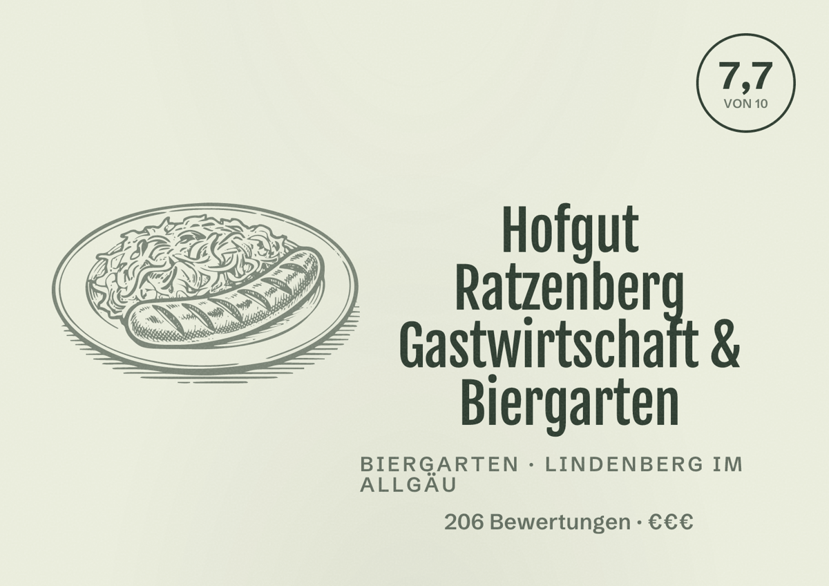 Illustriertes Poster von Hofgut Ratzenberg Gastwirtschaft & Biergarten, Biergarten in Lindenberg im Allgäu: Bewertung 7,7 von 10 aus 206 Bewertungen, Preisniveau €€€