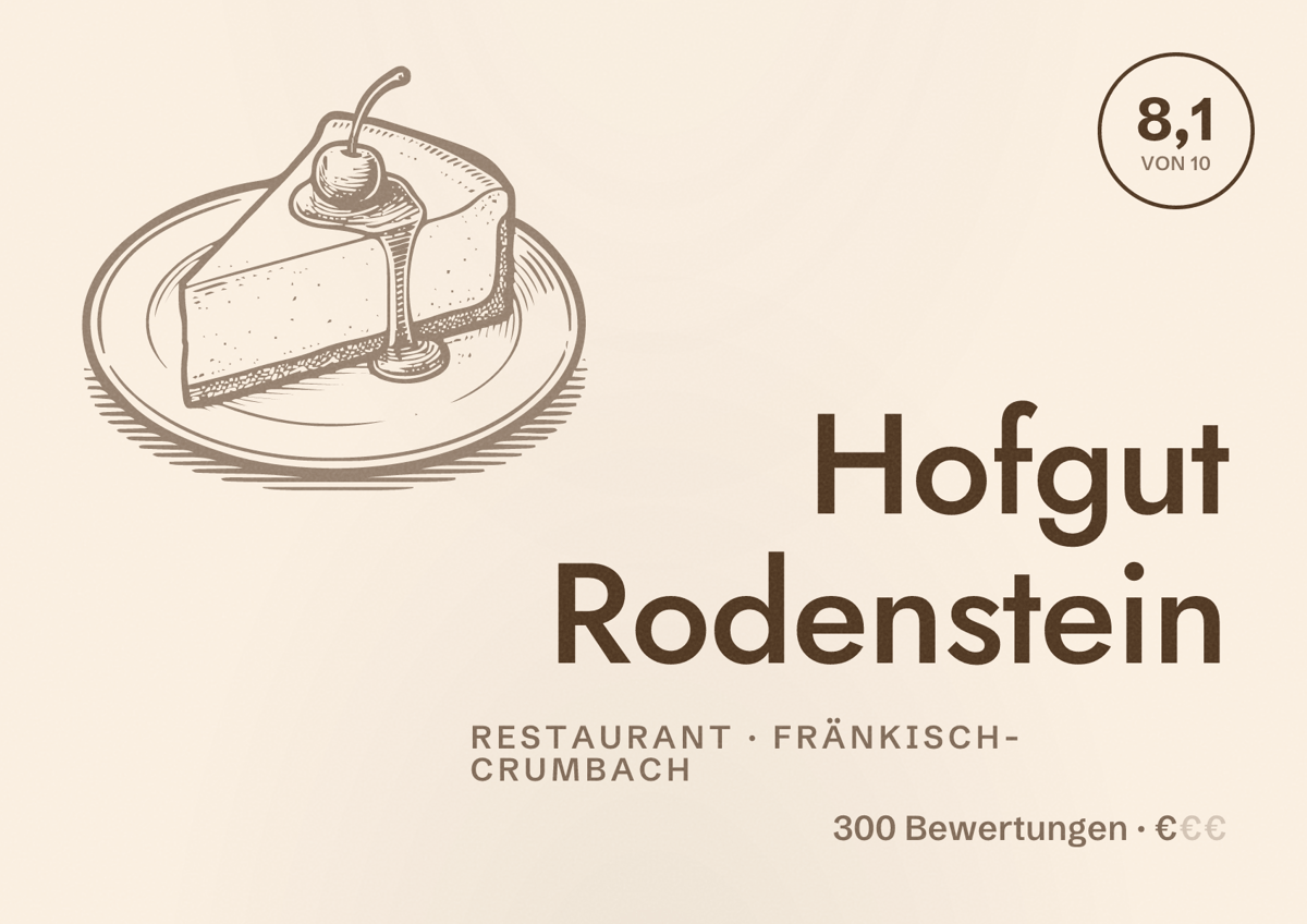 Illustriertes Poster von Hofgut Rodenstein, Restaurant in Fränkisch-Crumbach: Bewertung 8,1 von 10 aus 300 Bewertungen, Preisniveau €