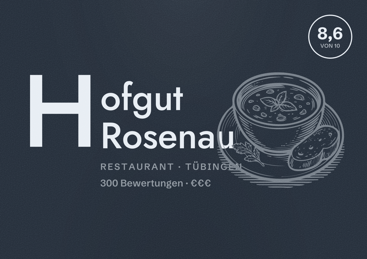 Illustriertes Poster von Hofgut Rosenau, Restaurant in Tübingen: Bewertung 8,6 von 10 aus 300 Bewertungen, Preisniveau €€€