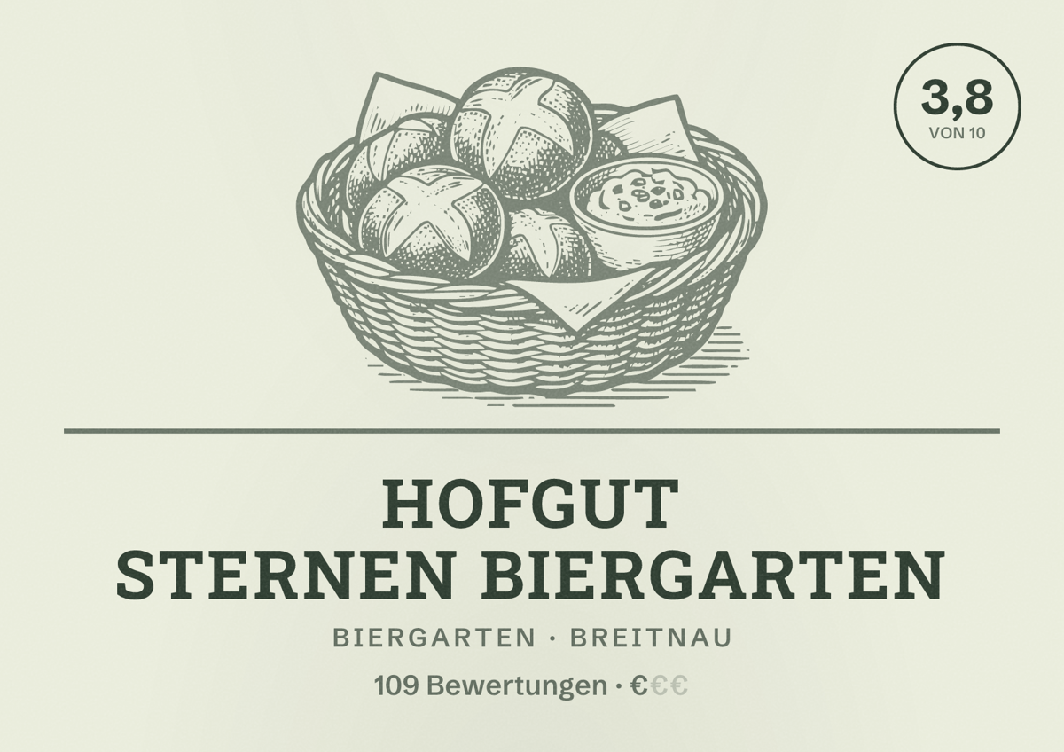 Illustriertes Poster von Hofgut Sternen Biergarten, Biergarten in Breitnau: Bewertung 3,8 von 10 aus 109 Bewertungen, Preisniveau €
