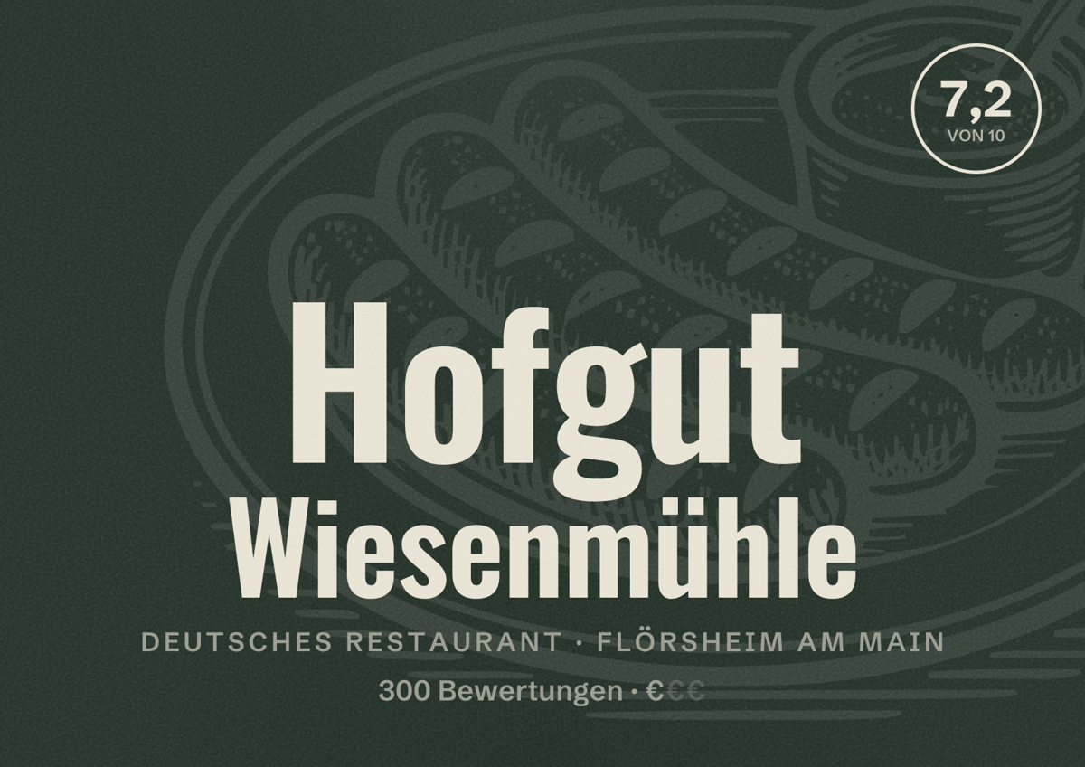 Illustriertes Poster von Hofgut Wiesenmühle, Deutsches Restaurant in Flörsheim am Main: Bewertung 7,2 von 10 aus 300 Bewertungen, Preisniveau €