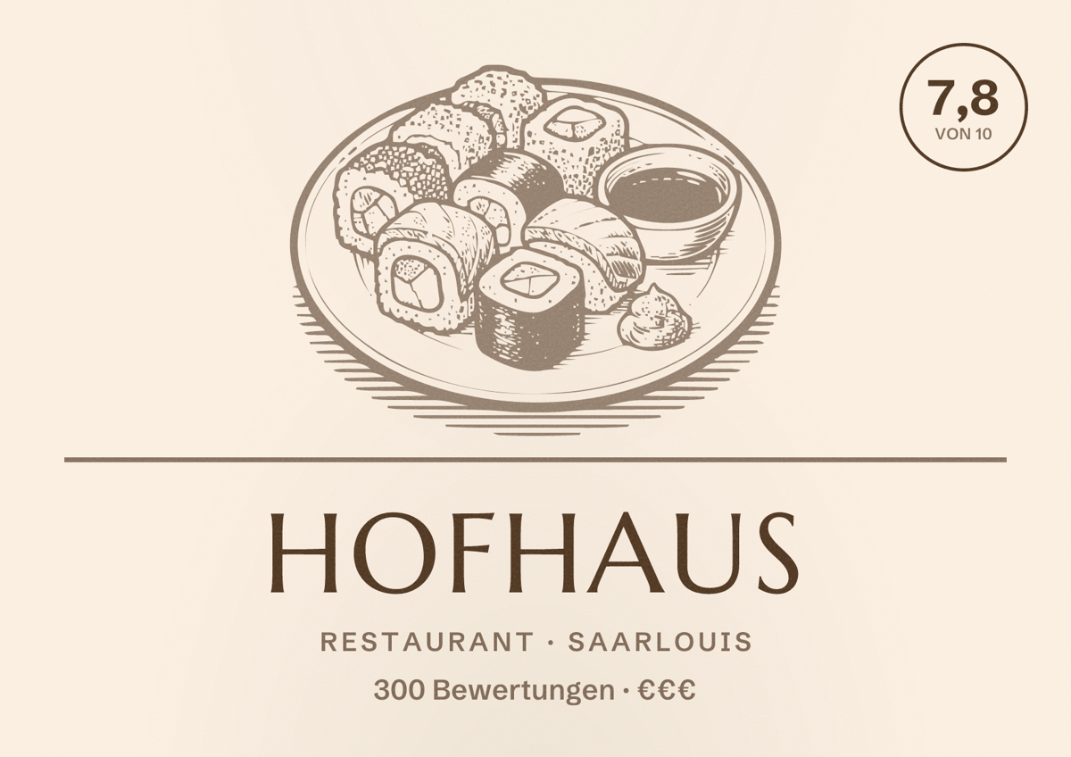 Illustriertes Poster von Hofhaus, Restaurant in Saarlouis: Bewertung 7,8 von 10 aus 300 Bewertungen, Preisniveau €€€
