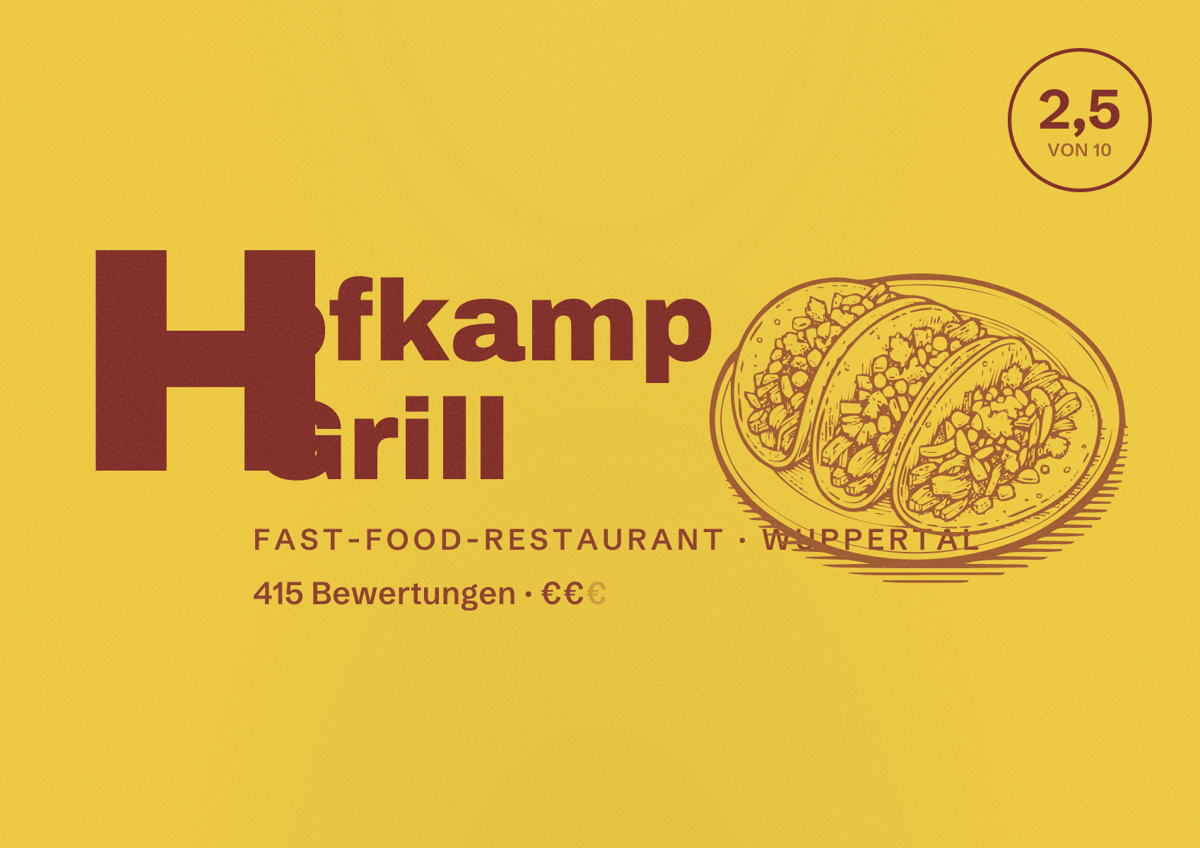 Illustriertes Poster von Hofkamp Grill, Fast-Food-Restaurant in Wuppertal: Gästebewertung 2,5 von 10 aus 415 Bewertungen