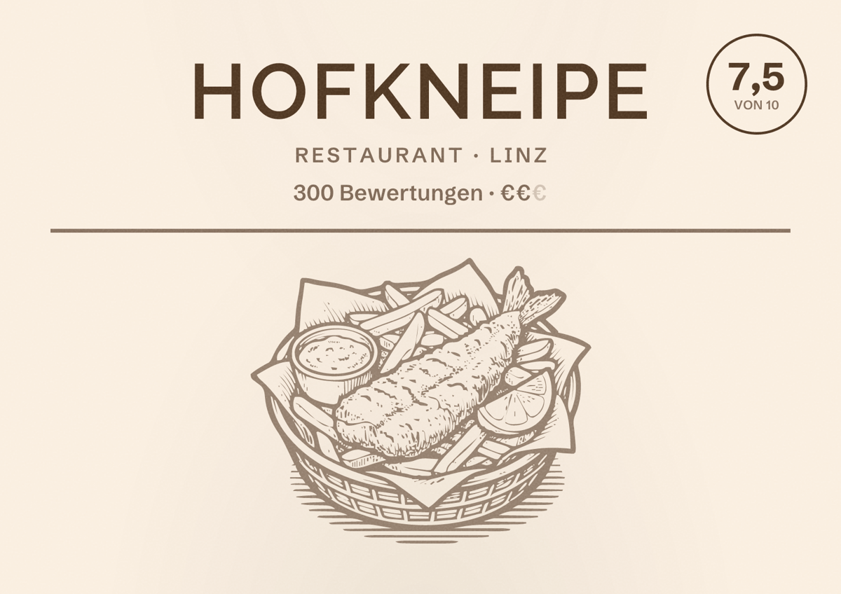 Illustriertes Poster von Hofkneipe, Restaurant in Linz: Bewertung 7,5 von 10 aus 300 Bewertungen, Preisniveau €€