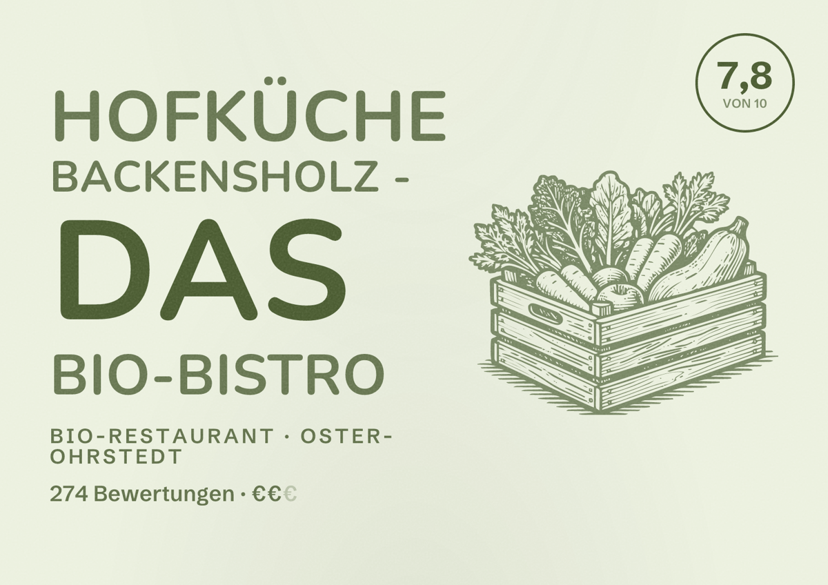 Illustriertes Poster von Hofküche Backensholz - Das Bio-Bistro, Bio-Restaurant in Oster-Ohrstedt: Bewertung 7,8 von 10 aus 274 Bewertungen, Preisniveau €€