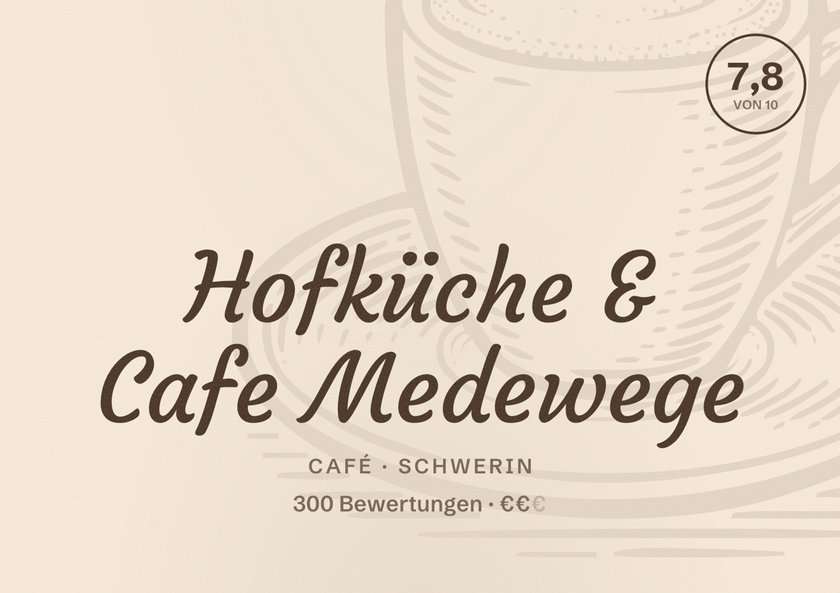 Illustriertes Poster von Hofküche & Cafe Medewege, Café in Schwerin: Bewertung 7,8 von 10 aus 300 Bewertungen, Preisniveau €€
