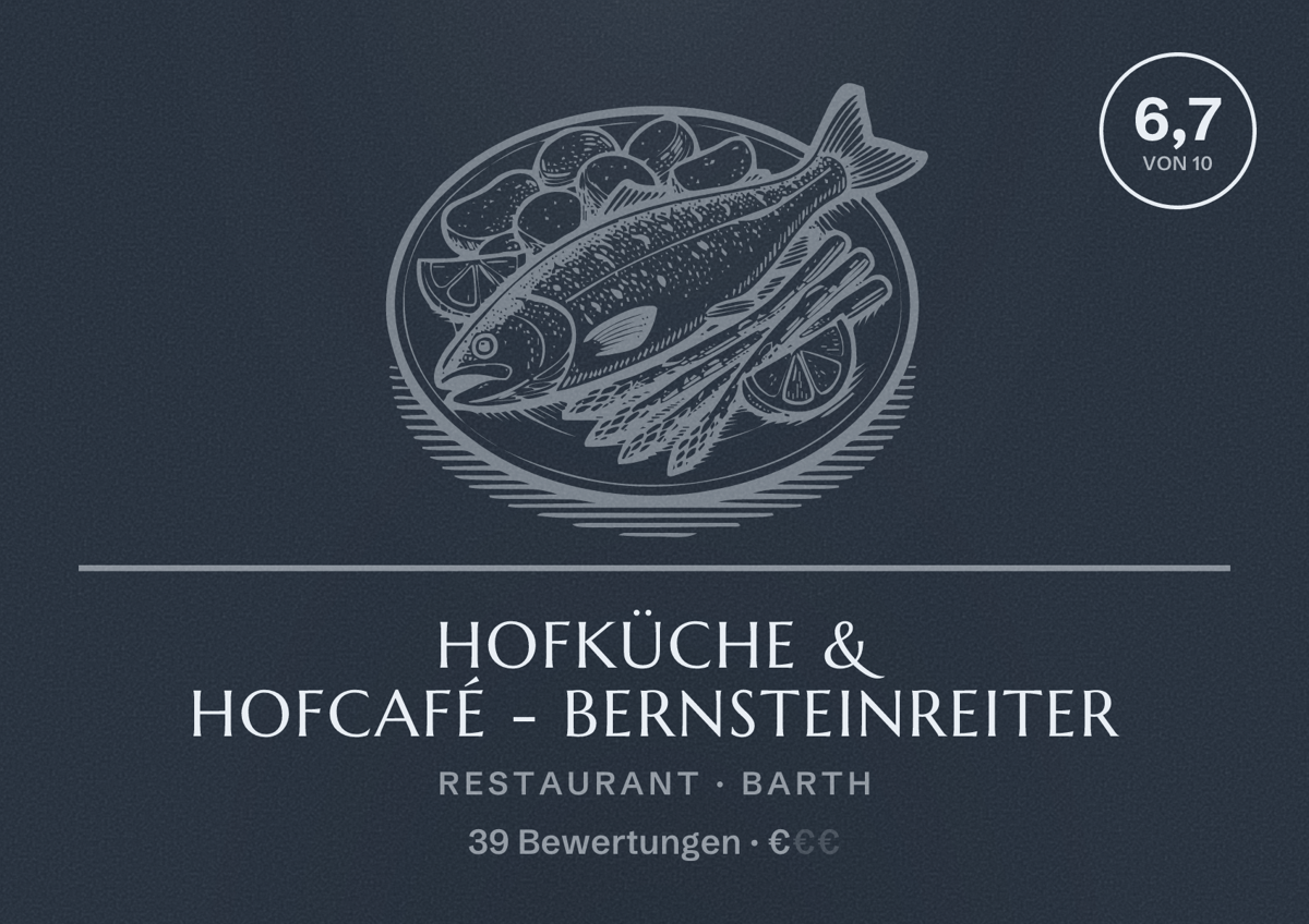 Illustriertes Poster von Hofküche & Hofcafé - Bernsteinreiter, Restaurant in Barth: Bewertung 6,7 von 10 aus 39 Bewertungen, Preisniveau €