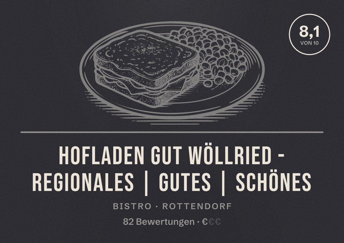 Illustriertes Poster von Hofladen Gut Wöllried - Regionales | Gutes | Schönes, Bistro in Rottendorf: Bewertung 8,1 von 10 aus 82 Bewertungen, Preisniveau €