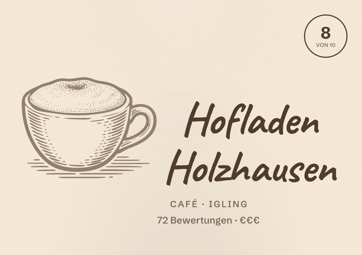 Illustriertes Poster von Hofladen Holzhausen, Café in Igling: Bewertung 8 von 10 aus 72 Bewertungen, Preisniveau €€€