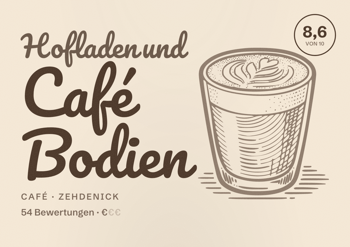 Illustriertes Poster von Hofladen und Café Bodien, Café in Zehdenick: Bewertung 8,6 von 10 aus 54 Bewertungen, Preisniveau €