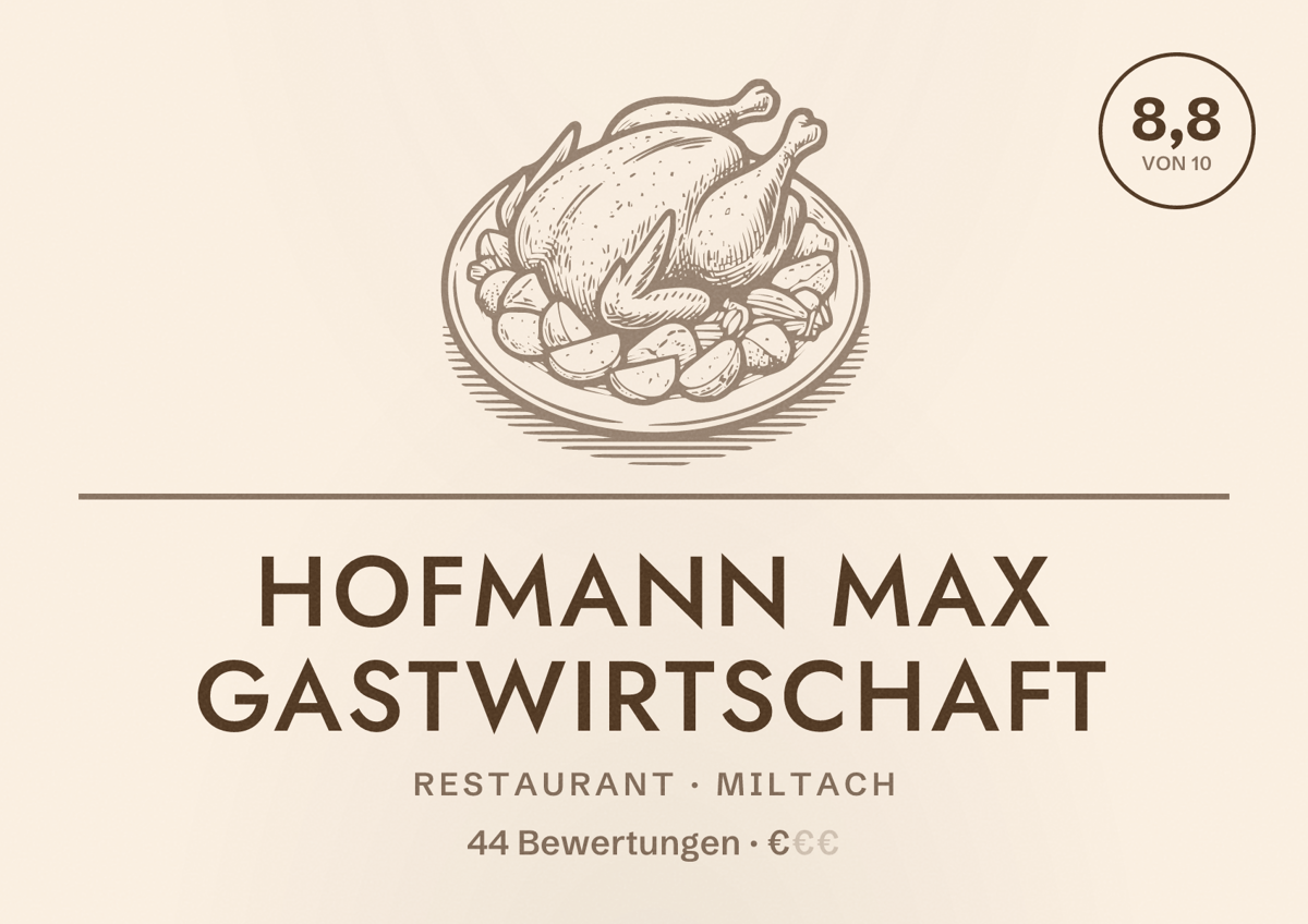 Illustriertes Poster von Hofmann Max Gastwirtschaft, Restaurant in Miltach: Bewertung 8,8 von 10 aus 44 Bewertungen, Preisniveau €