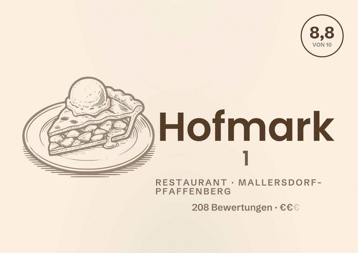 Illustriertes Poster von Hofmark 1, Restaurant in Mallersdorf-Pfaffenberg: Bewertung 8,8 von 10 aus 208 Bewertungen, Preisniveau €€