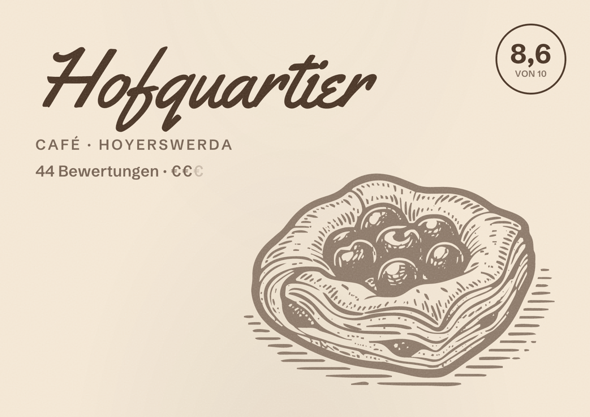 Illustriertes Poster von Hofquartier, Café in Hoyerswerda: Bewertung 8,6 von 10 aus 44 Bewertungen, Preisniveau €€