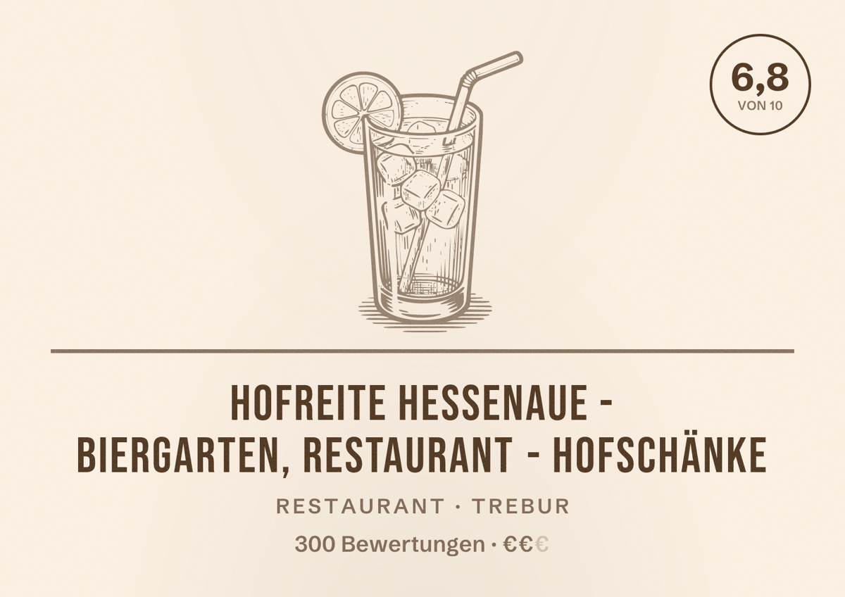 Illustriertes Poster von Hofreite Hessenaue - Biergarten, Restaurant - Hofschänke, Restaurant in Trebur: Bewertung 6,8 von 10 aus 300 Bewertungen, Preisniveau €€