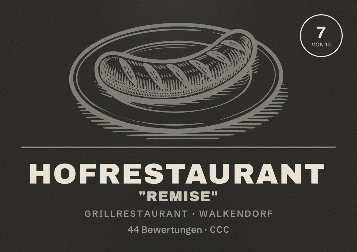 Illustriertes Poster von Hofrestaurant "Remise", Grillrestaurant in Walkendorf: Bewertung 7 von 10 aus 44 Bewertungen, Preisniveau €€€