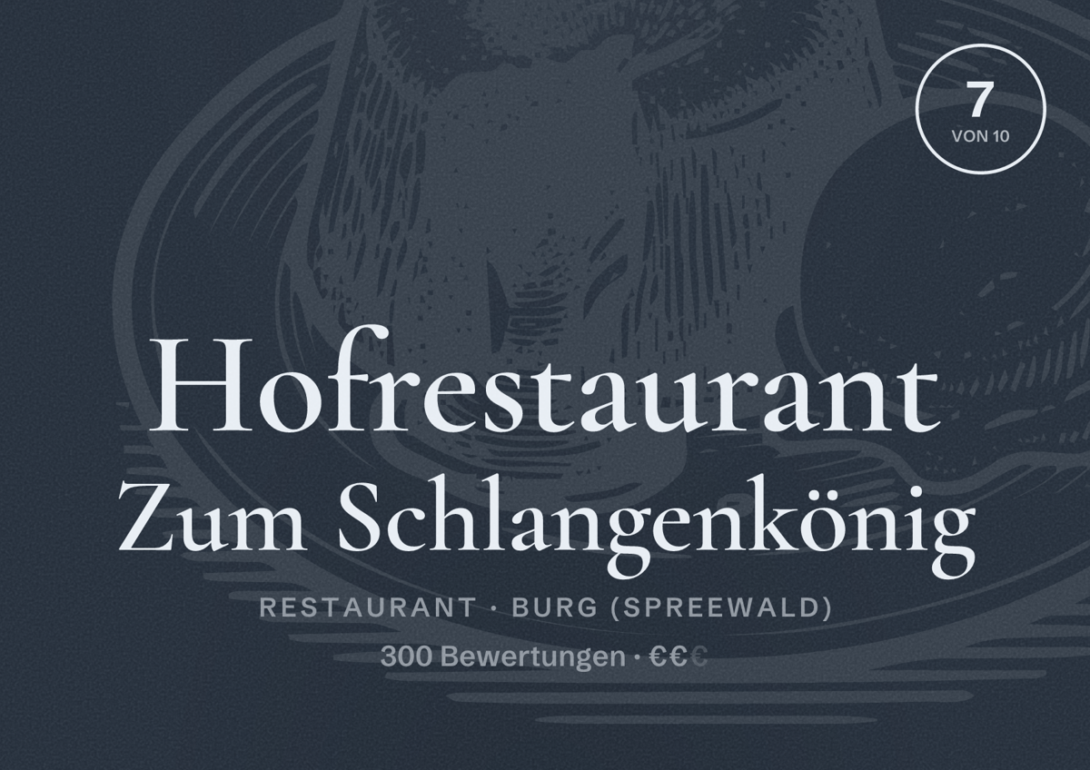Illustriertes Poster von Hofrestaurant Zum Schlangenkönig, Restaurant in Burg (Spreewald): Bewertung 7 von 10 aus 300 Bewertungen, Preisniveau €€