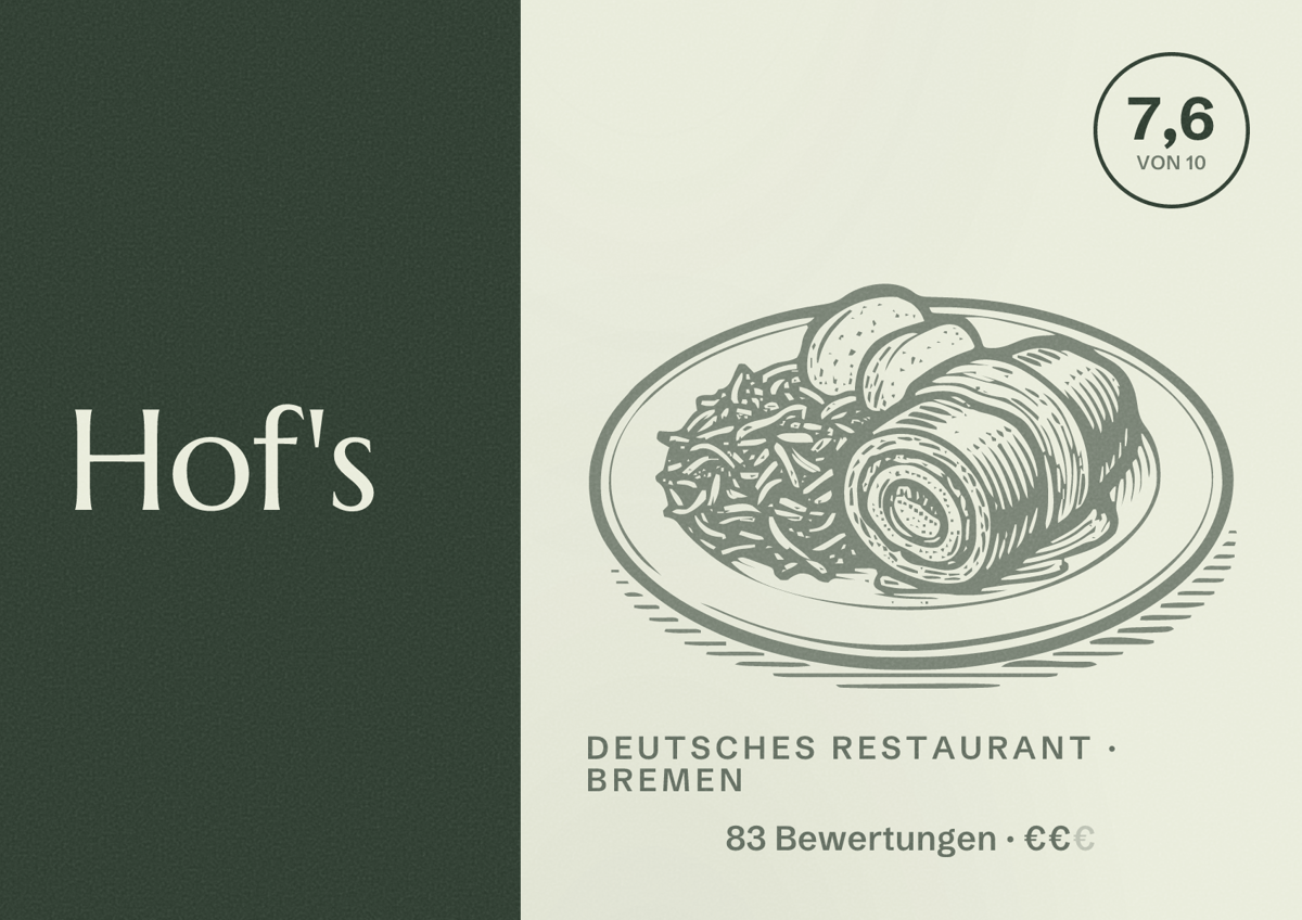 Illustriertes Poster von Hof's, Deutsches Restaurant in Bremen: Bewertung 7,6 von 10 aus 83 Bewertungen, Preisniveau €€