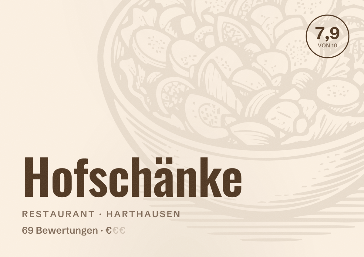 Illustriertes Poster von Hofschänke, Restaurant in Harthausen: Bewertung 7,9 von 10 aus 69 Bewertungen, Preisniveau €
