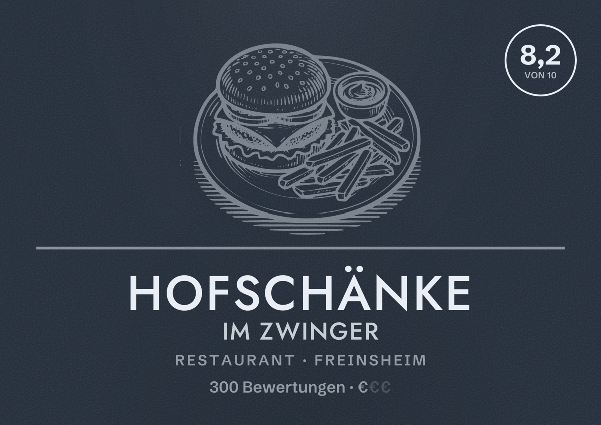 Illustriertes Poster von Hofschänke Im Zwinger, Restaurant in Freinsheim: Bewertung 8,2 von 10 aus 300 Bewertungen, Preisniveau €